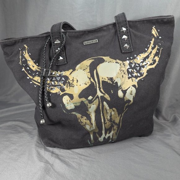 Miss Me Handbags - Miss Me Tote Black Cow Skull Studded Embellished Canvas Casual Minimalistic